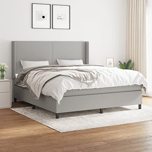 GOLINPEILO Queen Fabric Box Spring Bed with Mattress Set,Included 1 x Bed Frame/1 x Headboard with Ears-A/1 x Mattress/1 x Mattress Topper, Light Gray with Black Legs(Style A)