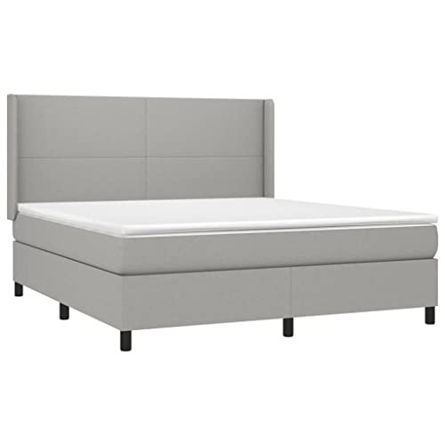 GOLINPEILO Queen Fabric Box Spring Bed with Mattress Set,Included 1 x Bed Frame/1 x Headboard with Ears-A/1 x Mattress/1 x Mattress Topper, Light Gray with Black Legs(Style A)