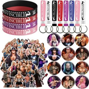 heidaman wrestling party supplies,wrestling birthday decorations，wrestling party favors, for boy set includes 12 bracelets,12 button pins,12 key chain,40 stickers