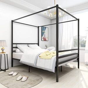 epinki metal canopy bed frame, platform bed frame full with minimalism style frame, full black