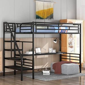 epinki metal loft bed frame with desk, no box spring needed, twin, black, bed frame, easy assembly
