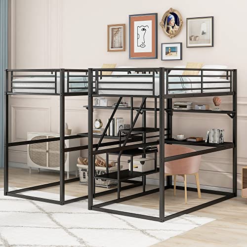 Double Twin Over Twin Bunk Bed with Desk and Shelves, Metal 4-in-1 Bunk Bed Frame with Storage Staircase and Safety Guardrail for Kids Teens Adult Bedroom, Maximize Space Savings (Black + Metal-2)