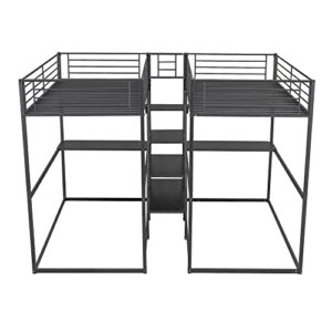 Double Twin Over Twin Bunk Bed with Desk and Shelves, Metal 4-in-1 Bunk Bed Frame with Storage Staircase and Safety Guardrail for Kids Teens Adult Bedroom, Maximize Space Savings (Black + Metal-2)