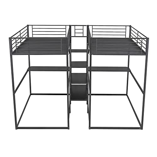 Double Twin Over Twin Bunk Bed with Desk and Shelves, Metal 4-in-1 Bunk Bed Frame with Storage Staircase and Safety Guardrail for Kids Teens Adult Bedroom, Maximize Space Savings (Black + Metal-2)