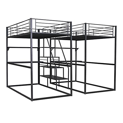 Double Twin Over Twin Bunk Bed with Desk and Shelves, Metal 4-in-1 Bunk Bed Frame with Storage Staircase and Safety Guardrail for Kids Teens Adult Bedroom, Maximize Space Savings (Black + Metal-2)