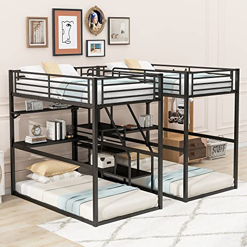 Double Twin Over Twin Bunk Bed with Desk and Shelves, Metal 4-in-1 Bunk Bed Frame with Storage Staircase and Safety Guardrail for Kids Teens Adult Bedroom, Maximize Space Savings (Black + Metal-2)