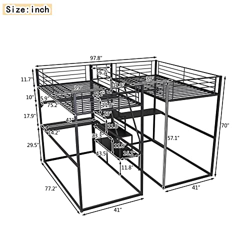 Double Twin Over Twin Bunk Bed with Desk and Shelves, Metal 4-in-1 Bunk Bed Frame with Storage Staircase and Safety Guardrail for Kids Teens Adult Bedroom, Maximize Space Savings (Black + Metal-2)