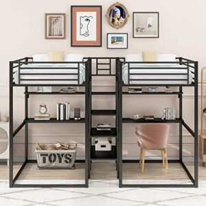 Double Twin Over Twin Bunk Bed with Desk and Shelves, Metal 4-in-1 Bunk Bed Frame with Storage Staircase and Safety Guardrail for Kids Teens Adult Bedroom, Maximize Space Savings (Black + Metal-2)