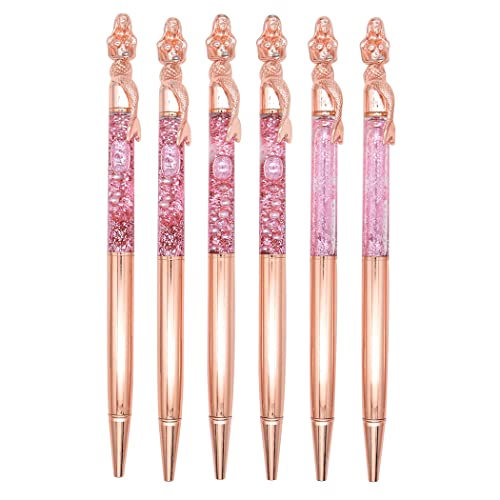 SIPLIV 6 Pieces Metal Ballpoint Pens with Black Ink, Glitter Mermaid Metallic Ballpoint Pens for Wedding Party Decoration Office School Supplies, Rose Gold