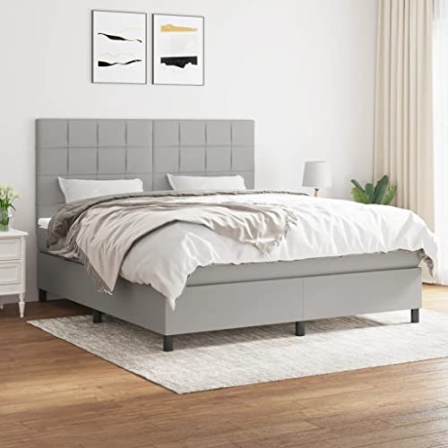 loibinfen King Fabric Box Spring Bed with Mattress Set,Included 1 x Bed Frame/1 x Headboard/1 x Mattress/1 x Mattress Topper, Light Gray with Black Legs(Style C)