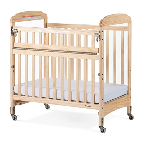 Foundations Serenity SafeReach Crib with Adjustable Mattress Board, Compact Baby Crib with Commercial Grade Casters, Clear End Panels for Child Visibility, Includes 3” Foam Mattress (Natural)