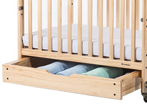 Foundations Serenity SafeReach Crib with Adjustable Mattress Board, Compact Baby Crib with Commercial Grade Casters, Clear End Panels for Child Visibility, Includes 3” Foam Mattress (Natural)