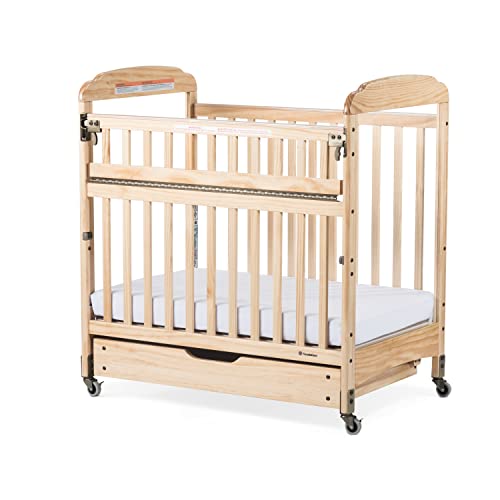 Foundations Serenity SafeReach Crib with Adjustable Mattress Board, Compact Baby Crib with Commercial Grade Casters, Clear End Panels for Child Visibility, Includes 3” Foam Mattress (Natural)