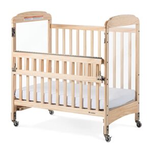 Foundations Serenity SafeReach Crib with Adjustable Mattress Board, Compact Baby Crib with Commercial Grade Casters, Clear End Panels for Child Visibility, Includes 3” Foam Mattress (Natural)