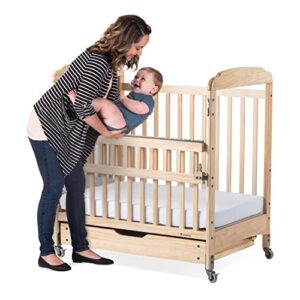 Foundations Serenity SafeReach Crib with Adjustable Mattress Board, Compact Baby Crib with Commercial Grade Casters, Clear End Panels for Child Visibility, Includes 3” Foam Mattress (Natural)