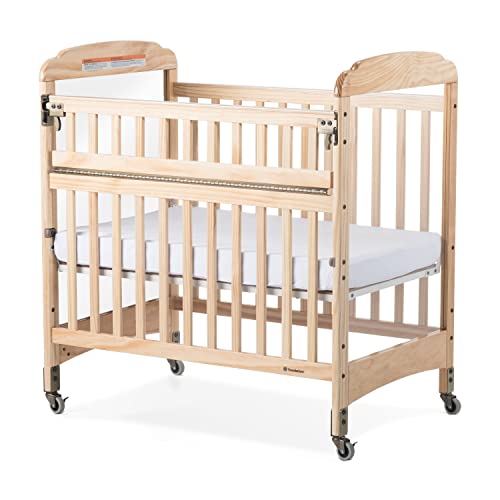 Foundations Serenity SafeReach Crib with Adjustable Mattress Board, Compact Baby Crib with Commercial Grade Casters, Clear End Panels for Child Visibility, Includes 3” Foam Mattress (Natural)