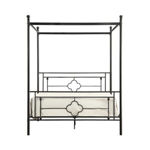 priyas home black metal canopy frame quatrefoil pattern platform bed with ball finials, queen size