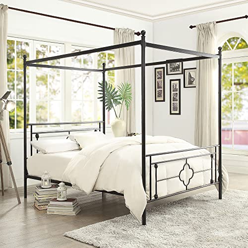 Priyas Home Black Metal Canopy Frame Quatrefoil Pattern Platform Bed with Ball Finials, Queen Size