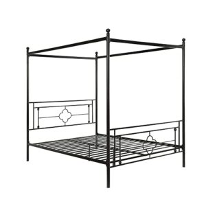 Priyas Home Black Metal Canopy Frame Quatrefoil Pattern Platform Bed with Ball Finials, Queen Size