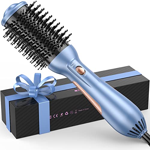 Hair Brush Blow Dryer, One-Step Hair Dryer & Volumizer Styler with Negative Ion Anti-frizz Ceramic Titanium Barrel Hot Air Brush Hair Straightener Brush Blue for Drying, Straightening, Curling, Salon