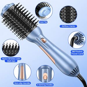 Hair Brush Blow Dryer, One-Step Hair Dryer & Volumizer Styler with Negative Ion Anti-frizz Ceramic Titanium Barrel Hot Air Brush Hair Straightener Brush Blue for Drying, Straightening, Curling, Salon