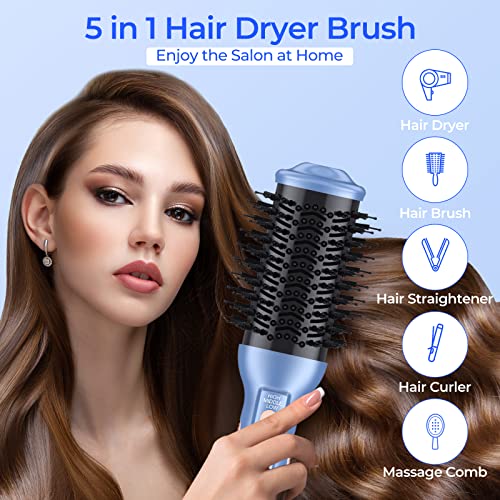 Hair Brush Blow Dryer, One-Step Hair Dryer & Volumizer Styler with Negative Ion Anti-frizz Ceramic Titanium Barrel Hot Air Brush Hair Straightener Brush Blue for Drying, Straightening, Curling, Salon