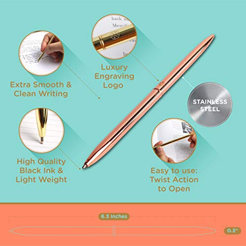 Oriday Chrome Ballpoint Slim Pens Set of 4 - Lightweight Metal Ball Point Pen in Black Ink Gift Box for Wedding, Student Gift, Bridal Shower (Rose Gold, Black Ink)