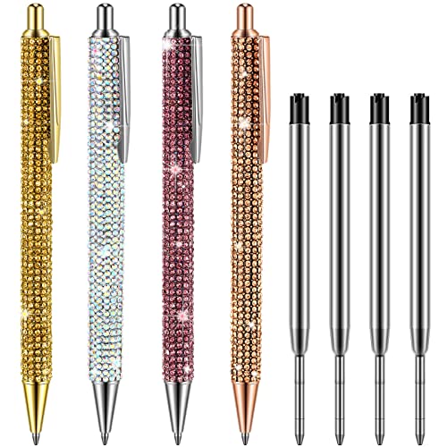 4 Pcs Rhinestone Metal Ballpoint Pens Bling Bling Pens Black Ink Pens Diamond Pen Big Crystal Ballpoint Pens 4 Pcs 1.0mm Pen Refills for Kids Students Teachers Gift (Gold, Silver, Pink and Rose Gold)