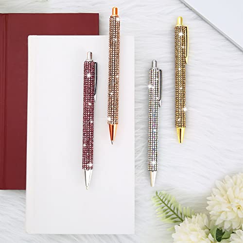 4 Pcs Rhinestone Metal Ballpoint Pens Bling Bling Pens Black Ink Pens Diamond Pen Big Crystal Ballpoint Pens 4 Pcs 1.0mm Pen Refills for Kids Students Teachers Gift (Gold, Silver, Pink and Rose Gold)