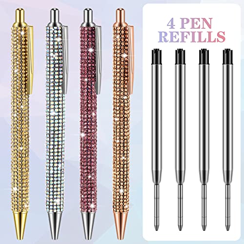 4 Pcs Rhinestone Metal Ballpoint Pens Bling Bling Pens Black Ink Pens Diamond Pen Big Crystal Ballpoint Pens 4 Pcs 1.0mm Pen Refills for Kids Students Teachers Gift (Gold, Silver, Pink and Rose Gold)