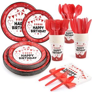 red plates and napkins set birthday decorations for men women paper plates napkins cups plastic knives forks spoons party tableware set for boys girls serves 24 disposable dinnerware party supplies