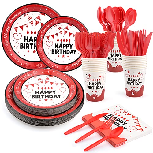 Red Plates and Napkins Set Birthday Decorations for Men Women Paper Plates Napkins Cups Plastic Knives Forks Spoons Party Tableware Set for Boys Girls Serves 24 Disposable Dinnerware Party Supplies