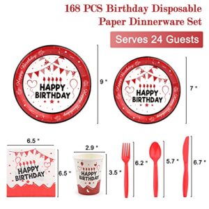 Red Plates and Napkins Set Birthday Decorations for Men Women Paper Plates Napkins Cups Plastic Knives Forks Spoons Party Tableware Set for Boys Girls Serves 24 Disposable Dinnerware Party Supplies