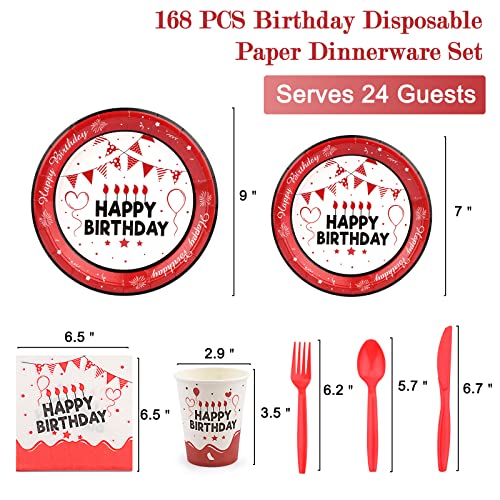 Red Plates and Napkins Set Birthday Decorations for Men Women Paper Plates Napkins Cups Plastic Knives Forks Spoons Party Tableware Set for Boys Girls Serves 24 Disposable Dinnerware Party Supplies