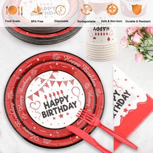 Red Plates and Napkins Set Birthday Decorations for Men Women Paper Plates Napkins Cups Plastic Knives Forks Spoons Party Tableware Set for Boys Girls Serves 24 Disposable Dinnerware Party Supplies