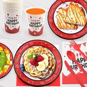 Red Plates and Napkins Set Birthday Decorations for Men Women Paper Plates Napkins Cups Plastic Knives Forks Spoons Party Tableware Set for Boys Girls Serves 24 Disposable Dinnerware Party Supplies