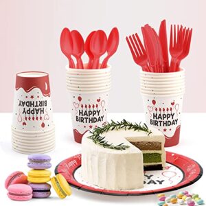 Red Plates and Napkins Set Birthday Decorations for Men Women Paper Plates Napkins Cups Plastic Knives Forks Spoons Party Tableware Set for Boys Girls Serves 24 Disposable Dinnerware Party Supplies