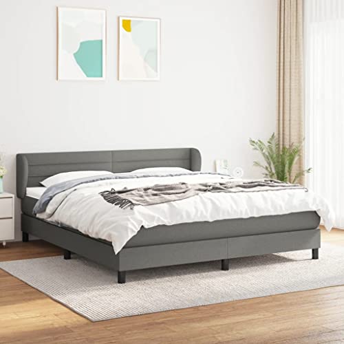 GOLINPEILO King Size Box Spring Bed with Mattress Set, Included 1 x Bed Frame/1 x Headboard with Ears/1 x Mattress/1 x Mattress Topper, Dark Gray 76"x79.9" Fabric with Black Legs (Style D)