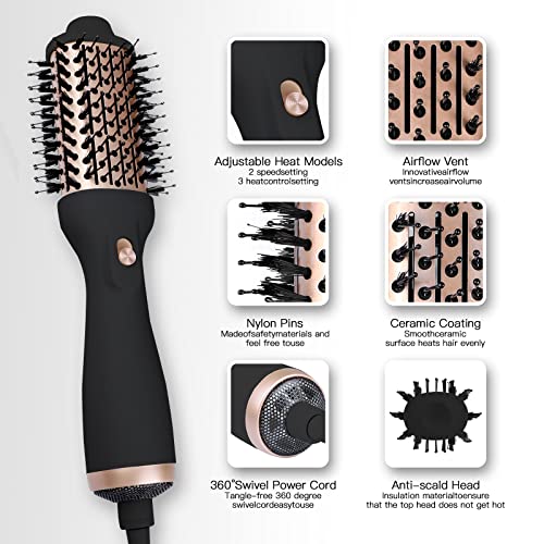 Hot Air Brush, Blow Dryer Brush, Deyzeum One Step Hair Dryer & Volumizer, Hair Straightener Brush Comb for Women, Negative Ion Anti-Frizz Blowout Brush for Drying, Straightening, Curling, Salon, Black