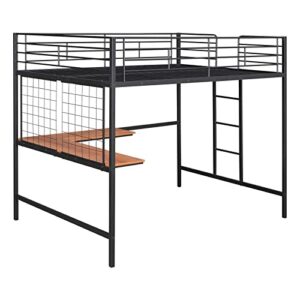 TMEOSK Full Size Metal Loft Bed Frame with L-Shape Desk and Decoration Metal Grid, Space Saving Loft Bed with Ladder and Safety Guardrail for Boys Girls Teens Adults, No Box Spring Needed (Black)