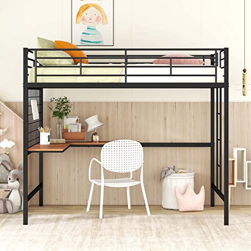 TMEOSK Full Size Metal Loft Bed Frame with L-Shape Desk and Decoration Metal Grid, Space Saving Loft Bed with Ladder and Safety Guardrail for Boys Girls Teens Adults, No Box Spring Needed (Black)