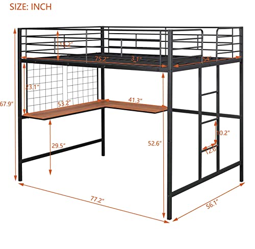 TMEOSK Full Size Metal Loft Bed Frame with L-Shape Desk and Decoration Metal Grid, Space Saving Loft Bed with Ladder and Safety Guardrail for Boys Girls Teens Adults, No Box Spring Needed (Black)