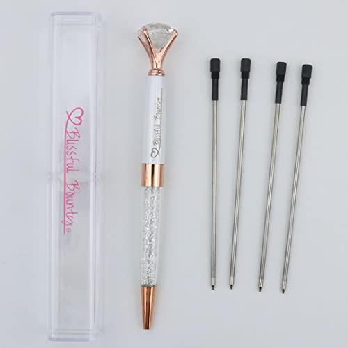 Blissful Bounty Diamond Metal Ballpoint White Pen in Rose Gold with Black Ink | 4 Ink Refills | 6.1 Inches Long