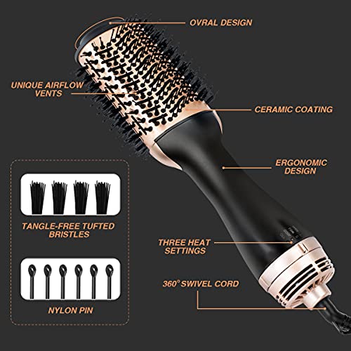 Beautimeter Hot Air Brush, Hair Dryer Brush & Volumizer, 3 in 1 Negative Ionic Hair Styler for Straightening, Curling, 1000W, Black & Gold