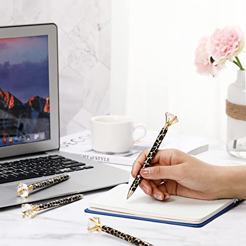 Fainne 6 Pieces Crystal Pens Leopard Ballpoint Pen Bling Diamond Pen Bride Wedding Pen Metal Pen with Diamond on Top Refillable Cheetah Pen for Office, School, Party Gifts