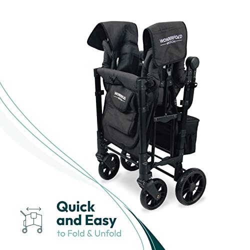 WONDERFOLD W2 Elite Double Stroller Wagon Featuring 2 High Face-to-Face Seats with 5-Point Harnesses, Adjustable Push Handle, and Height Adjustable UV-Protection Canopy, Volcanic Black