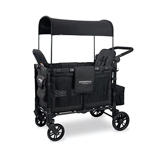 WONDERFOLD W2 Elite Double Stroller Wagon Featuring 2 High Face-to-Face Seats with 5-Point Harnesses, Adjustable Push Handle, and Height Adjustable UV-Protection Canopy, Volcanic Black