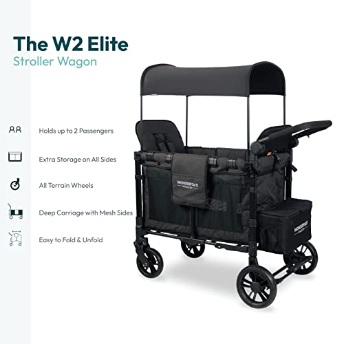 WONDERFOLD W2 Elite Double Stroller Wagon Featuring 2 High Face-to-Face Seats with 5-Point Harnesses, Adjustable Push Handle, and Height Adjustable UV-Protection Canopy, Volcanic Black