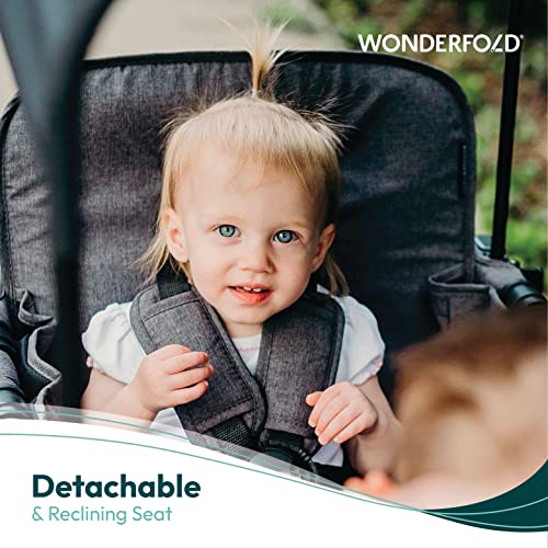 WONDERFOLD W2 Elite Double Stroller Wagon Featuring 2 High Face-to-Face Seats with 5-Point Harnesses, Adjustable Push Handle, and Height Adjustable UV-Protection Canopy, Volcanic Black