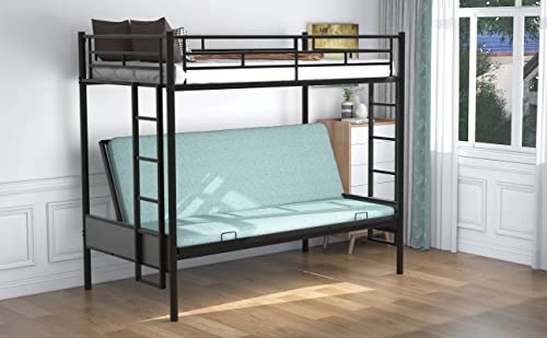 Epinki Twin Over Full Metal Bunk Bed, Multi-Function, Black, Bed Frame, Easy Assembly